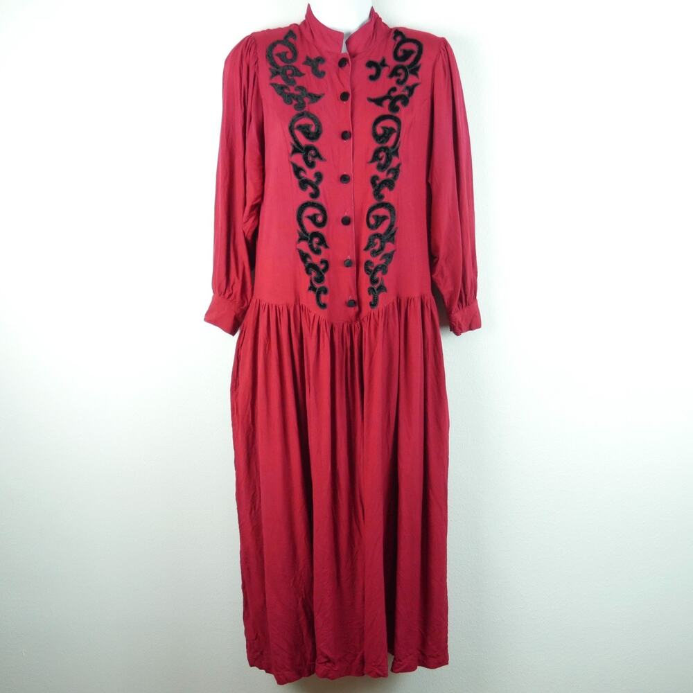 Vintage 90s Corset Back Dress Velvet Victorian Midi Dress Pockets Red Prairie M